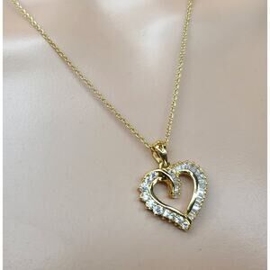 Round and Baguette Cut CZs Vermeil Gold Tone Heart Pendant & 17.5" Link Chain